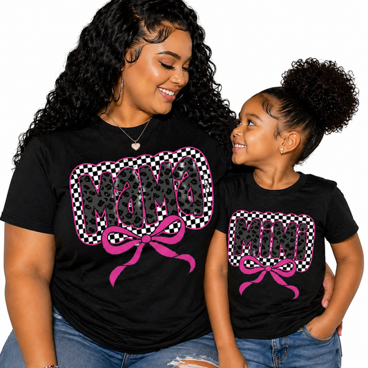 Mama & Mini Matching Shirt Set – Pink Bow Leopard Checkered Design